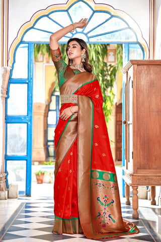 Red Soft Peshwai Paithani Silk Saree_Kumari Sarees