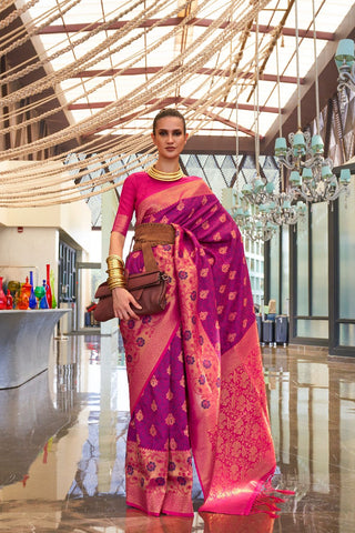 Red & Pink Self Contrast Chaap Handloom Weaving Saree_Kumari Sarees