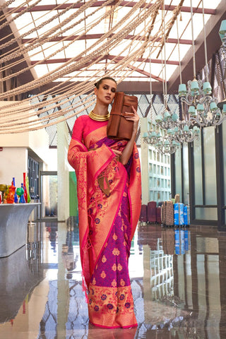 Red & Pink Self Contrast Chaap Handloom Weaving Saree_Kumari Sarees