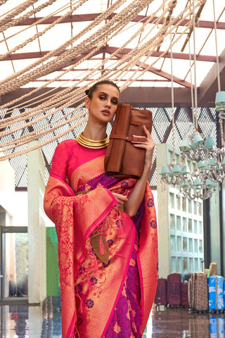 Red & Pink Self Contrast Chaap Handloom Weaving Saree_Kumari Sarees