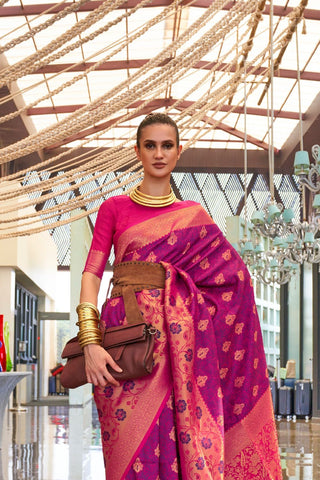 Red & Pink Self Contrast Chaap Handloom Weaving Saree_Kumari Sarees