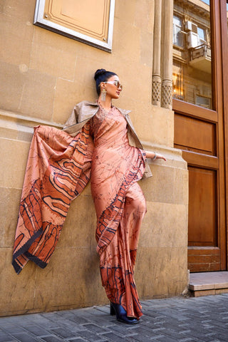 Rust Orange Print Satin Crepe Saree_Kumari Sarees