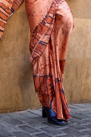 Rust Orange Print Satin Crepe Saree_Kumari Sarees