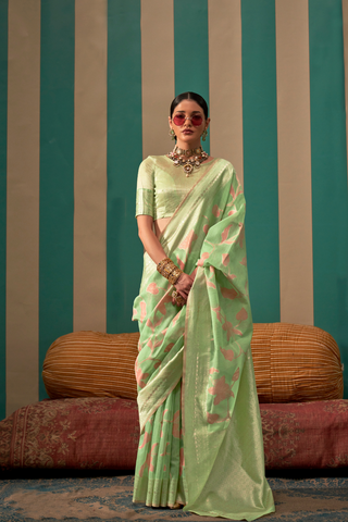 Sea Green Handloom Weaving Linen Saree_Kumari Sarees