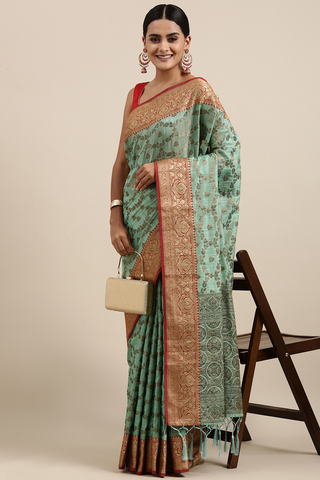 Sea Green Chanderi Cotton Silk Saree_Kumari Sarees
