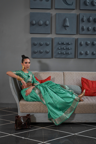 Sea Green Gala Copper Zari Handloom Weaving Saree_Kumari Sarees