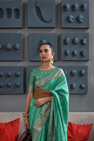 Sea Green Gala Copper Zari Handloom Weaving Saree_Kumari Sarees