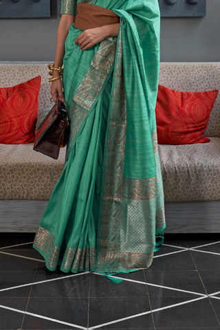 Sea Green Gala Copper Zari Handloom Weaving Saree_Kumari Sarees