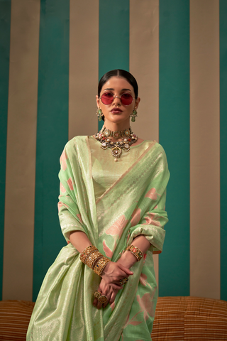 Sea Green Handloom Weaving Linen Saree_Kumari Sarees