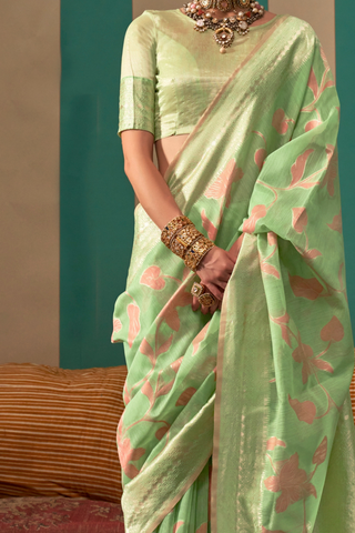 Sea Green Handloom Weaving Linen Saree_Kumari Sarees