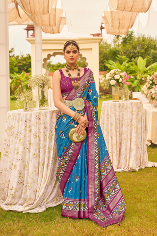 Sky Blue Banarasi Patola Silk Saree_Kumari Sarees