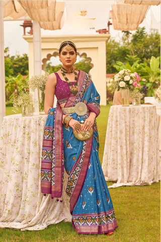 Sky Blue Banarasi Patola Silk Saree_Kumari Sarees