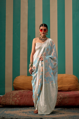 Sky Blue Handloom Weaving Linen Saree_Kumari Sarees