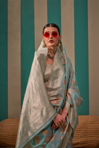 Sky Blue Handloom Weaving Linen Saree_Kumari Sarees