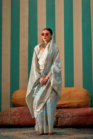 Sky Blue Handloom Weaving Linen Saree_Kumari Sarees