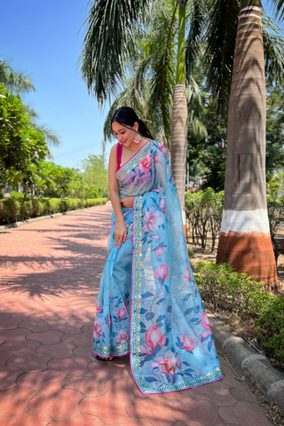 Sky Blue Organza Silk Saree_Kumari Sarees