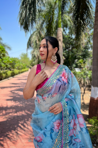 Sky Blue Organza Silk Saree_Kumari Sarees