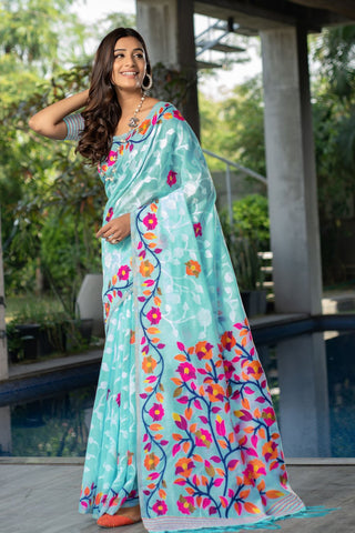 Sky Blue Soft Cotton Floral Jamdani Saree_Kumari Sarees