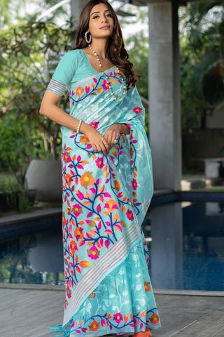 Sky Blue Soft Cotton Floral Jamdani Saree_Kumari Sarees