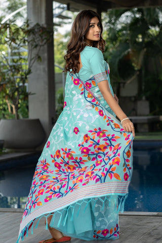 Sky Blue Soft Cotton Floral Jamdani Saree_Kumari Sarees
