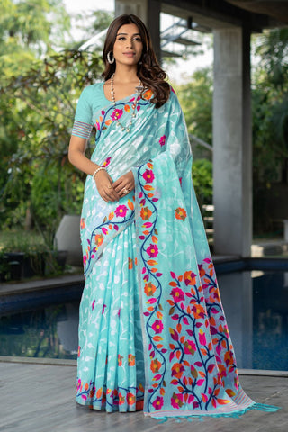 Sky Blue Soft Cotton Floral Jamdani Saree_Kumari Sarees