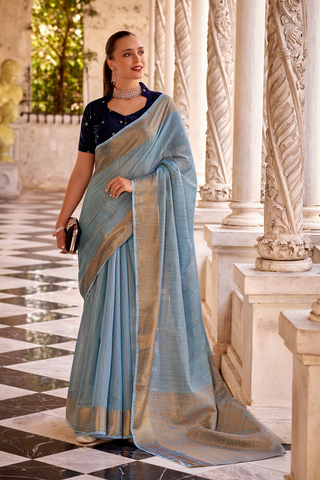 Sky Blue Tissue Linen Silk Saree_Kumari Sarees