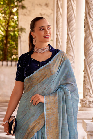 Sky Blue Tissue Linen Silk Saree_Kumari Sarees