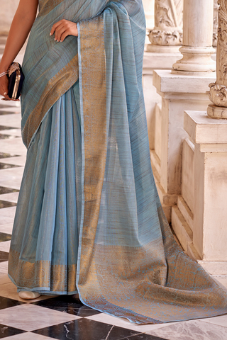Sky Blue Tissue Linen Silk Saree_Kumari Sarees