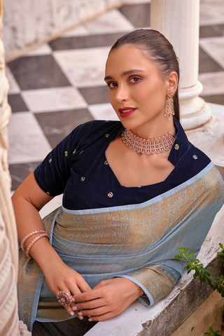 Sky Blue Tissue Linen Silk Saree_Kumari Sarees