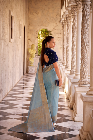 Sky Blue Tissue Linen Silk Saree_Kumari Sarees