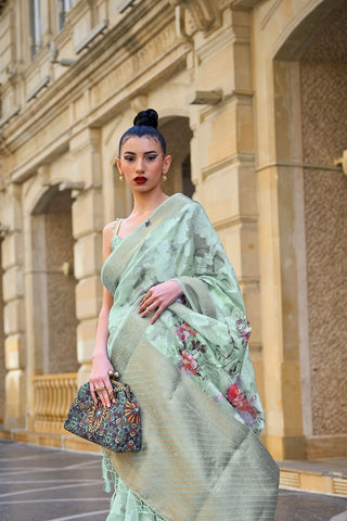 Sea Green Printed Poly Brasso Handloom Weaving Saree_Green_Kumari Sarees