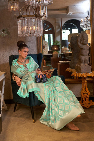Sea Green Pure Linen Handloom Weaving Saree_Kumari Sarees