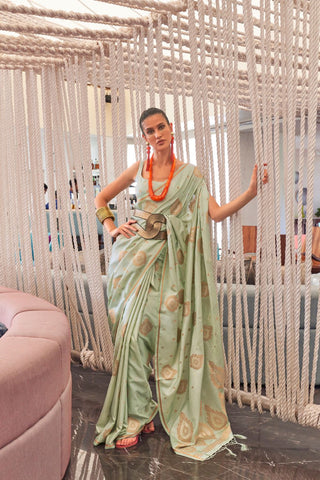 Sea Green Pure Satin Copper Zari  Weaving Saree_Kumari Sarees