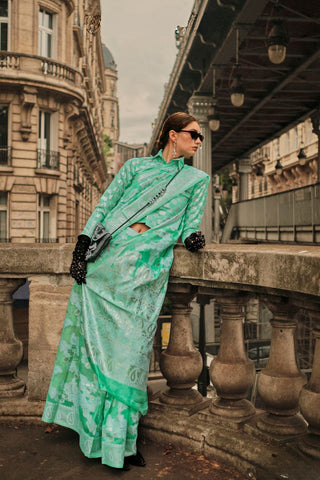 Sea Green Organza Chickankari Zari Lucknowi Handloom Weaving Saree_Kumari Sarees