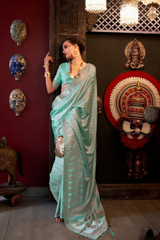 Sea Green Pure Satin Handloom Weaving Saree_Kumari Sarees