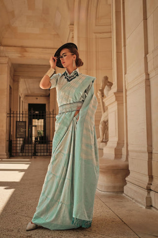 Sea Green Pure Satin Handloon Weaving Saree_Kumari Sarees