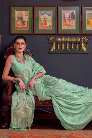 Sea Green Pure Katan Handloom Weaving Silk Saree_Kumari Sarees