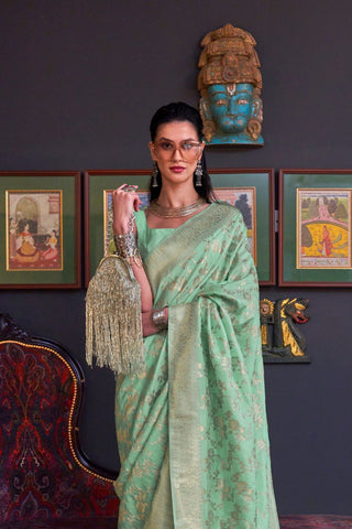 Sea Green Pure Katan Handloom Weaving Silk Saree_Kumari Sarees