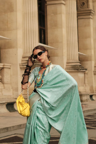 Sea Green Pure Satin Handloom Weaving Silk Saree_Kumari Sarees