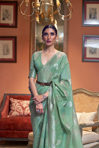 Sea Green Multi Pure Linen Weaving Saree_Kumari Sarees