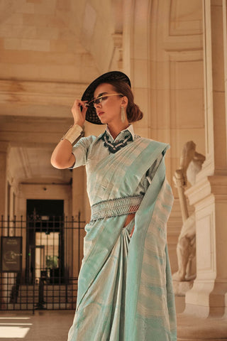 Sea Green Pure Satin Handloon Weaving Saree_Kumari Sarees
