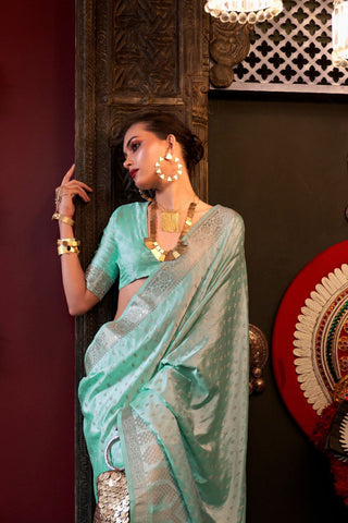 Sea Green Pure Satin Handloom Weaving Saree_Kumari Sarees