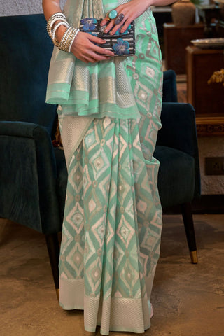 Sea Green Pure Linen Handloom Weaving Saree_Kumari Sarees