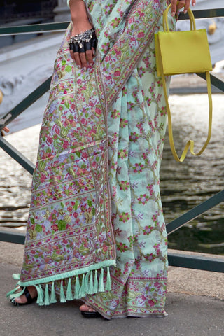 Sea Green Organza Parsi Handloom Weaving Saree_Kumari Sarees