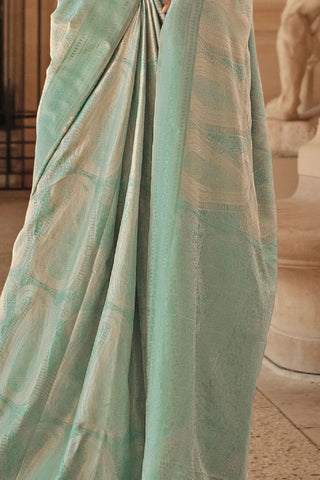 Sea Green Pure Satin Handloon Weaving Saree_Kumari Sarees