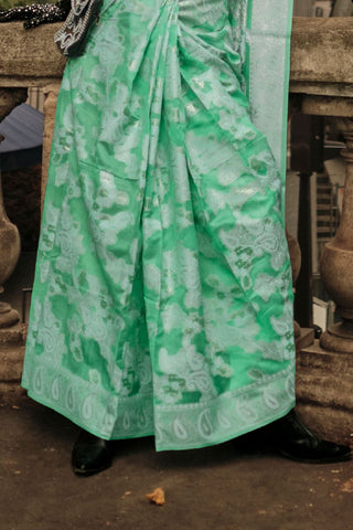 Sea Green Organza Chickankari Zari Lucknowi Handloom Weaving Saree_Kumari Sarees