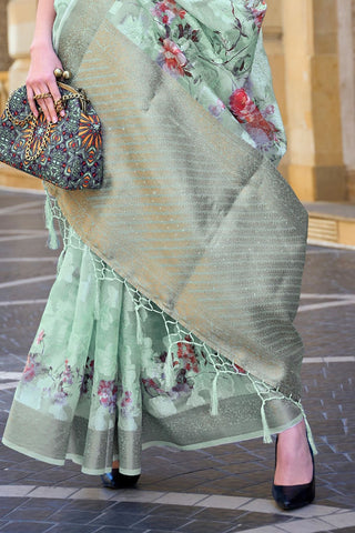 Sea Green Printed Poly Brasso Handloom Weaving Saree_Green_Kumari Sarees