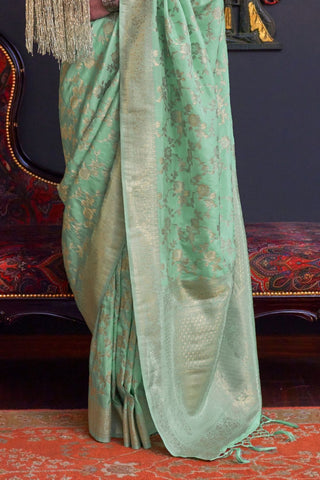 Sea Green Pure Katan Handloom Weaving Silk Saree_Kumari Sarees