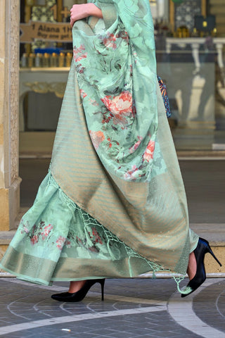 Sea Green Printed Poly Brasso Handloom Weaving Saree_Green_Kumari Sarees