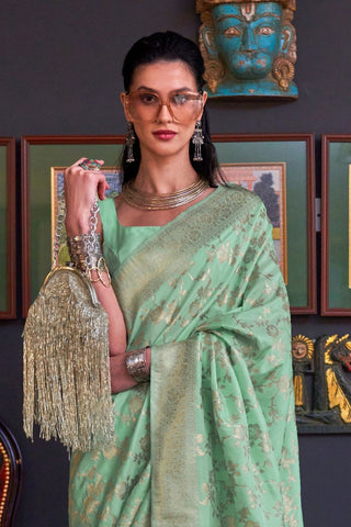 Sea Green Pure Katan Handloom Weaving Silk Saree_Kumari Sarees